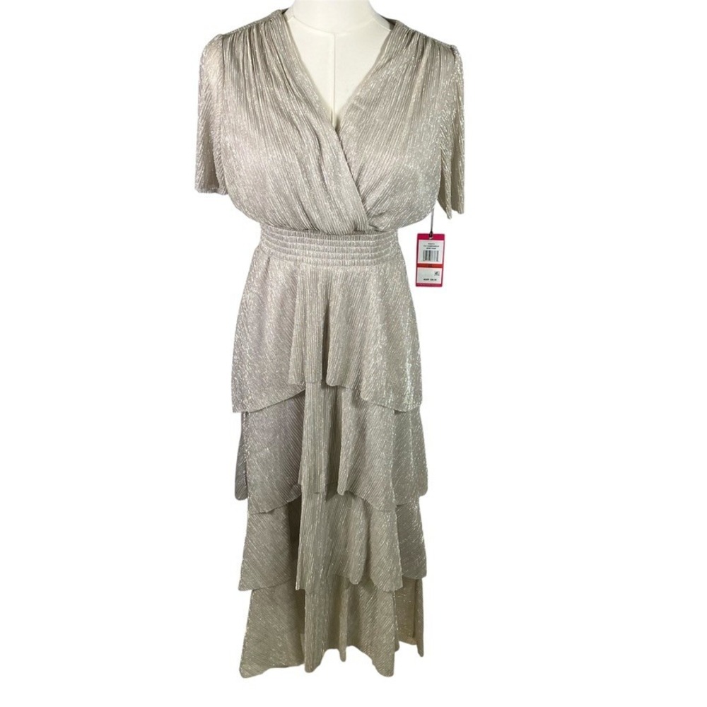 Vince Camuto Champagne Metallic Dress Tiered Maxi Smocked Waist XS‎